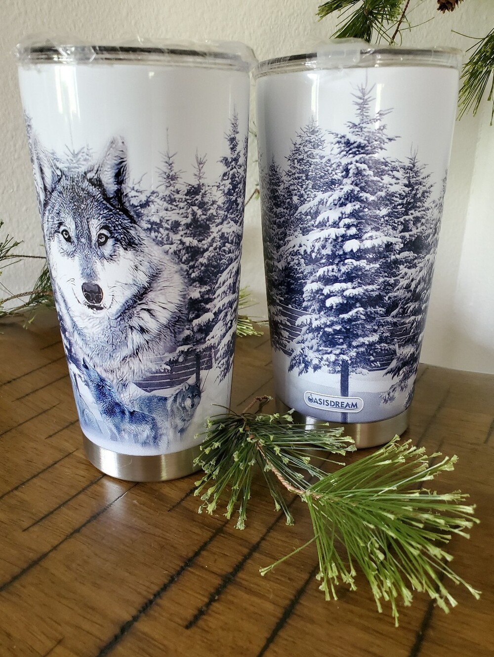 Set of 2 Winter Forest Wolf Tumblers Insulated Stainless Steel Thermal Cups